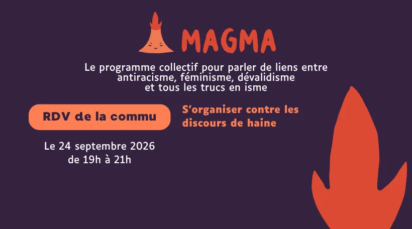 affiche de l'événement avec le logo de magma, une flamme rouge sur fond violet